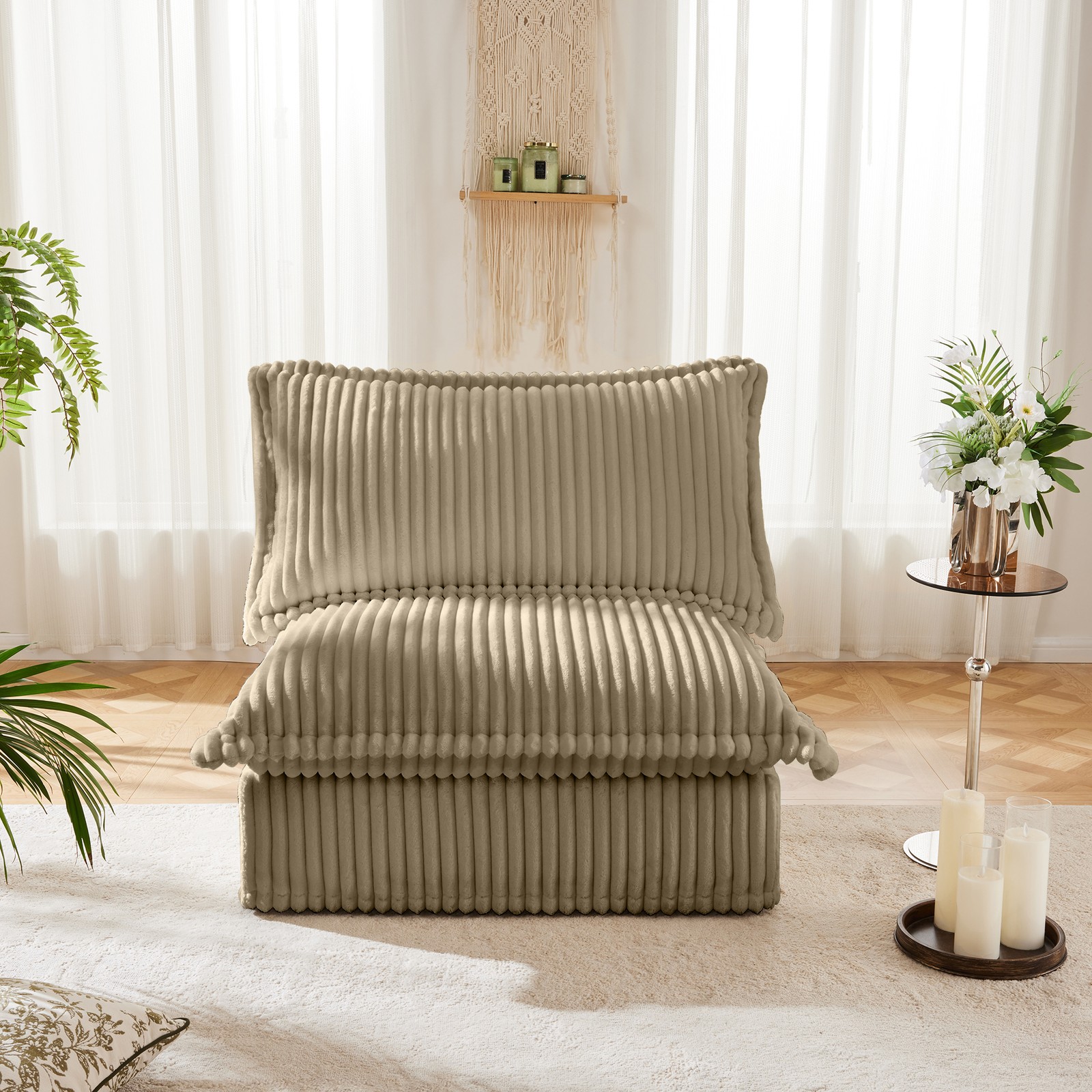 Modern Cordury Lounge Chair: Armless 1-Seat Sofa w/ Removable Cover, Camel