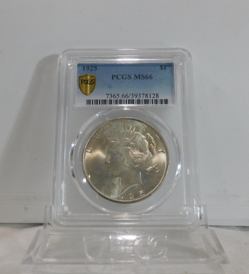 GOLD SHIELD!  1925-P  Peace Silver Dollar, PCGS MS-66!