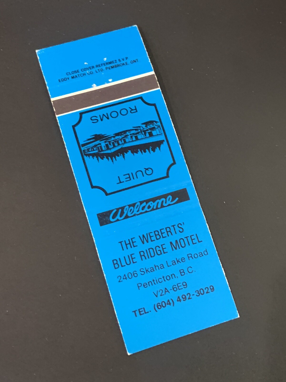 Vintage Canada Matchbook “The Webert’s Blue Ridge Motel” Penticton