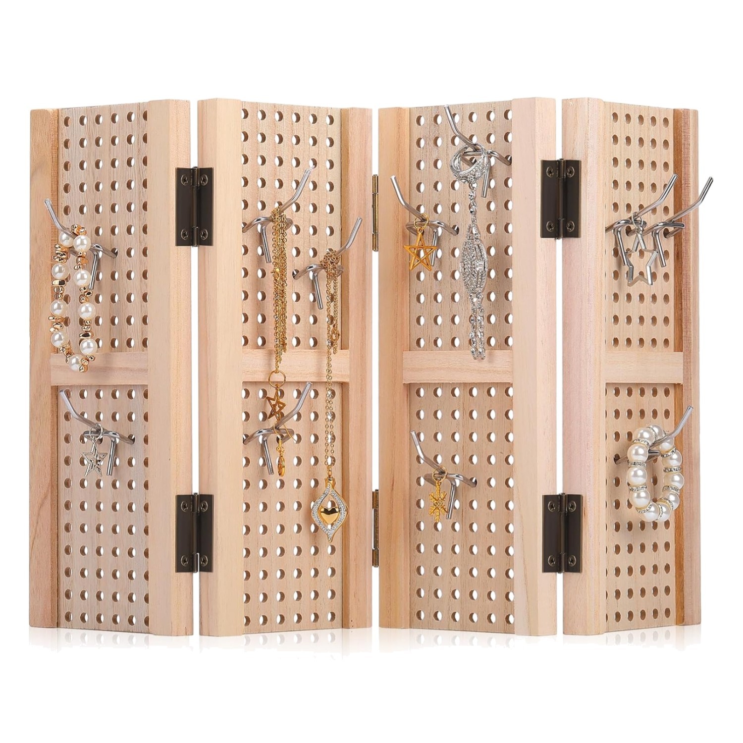 Pegboard Display Stand with 20 Peg Hooks for Retail Craft Shows 4 Panel Woode...