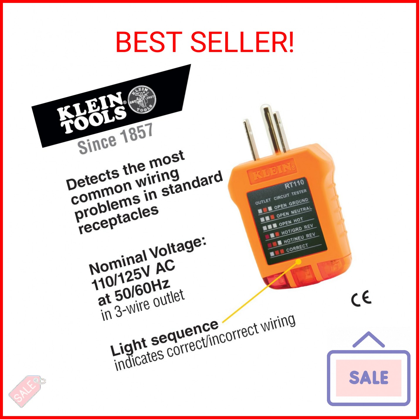 Klein Tools RT110 Outlet Tester, AC Electrical Receptacle Tester for North Ameri
