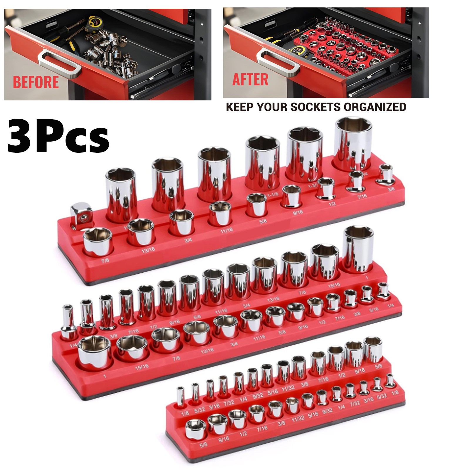 3Pcs Magnetic Socket Organizer Storage Holder Tool 1/4" 3/8" & 1/2" Drive SAE US