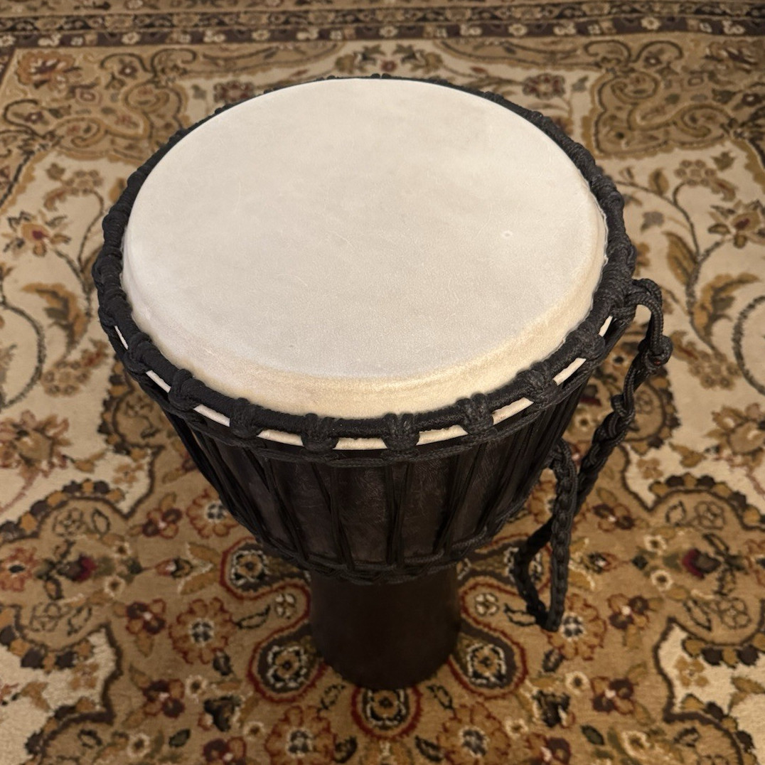 Rope-Tuned Djembe Hand Goblet Drum, Black with White Drum Head