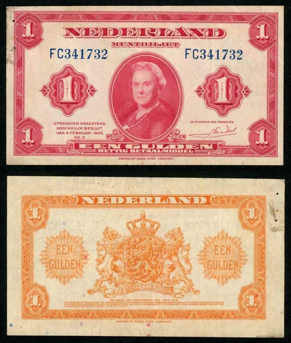 1943 Netherlands Banknote One Gulden Currency Queen Wilhelmina Pick No. 64a F++
