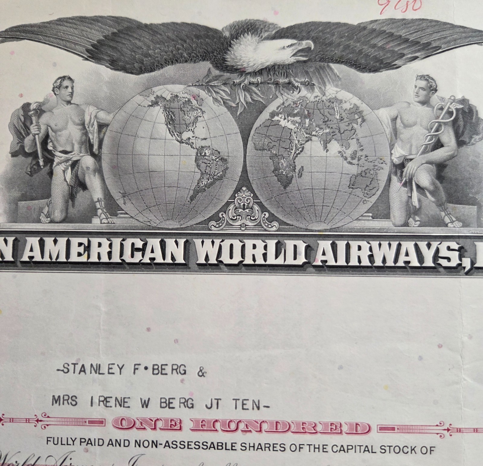 Vintage PAN AMERICAN WORLD AIRWAYS, INC Stock Certificate; 1967; 100 Shares