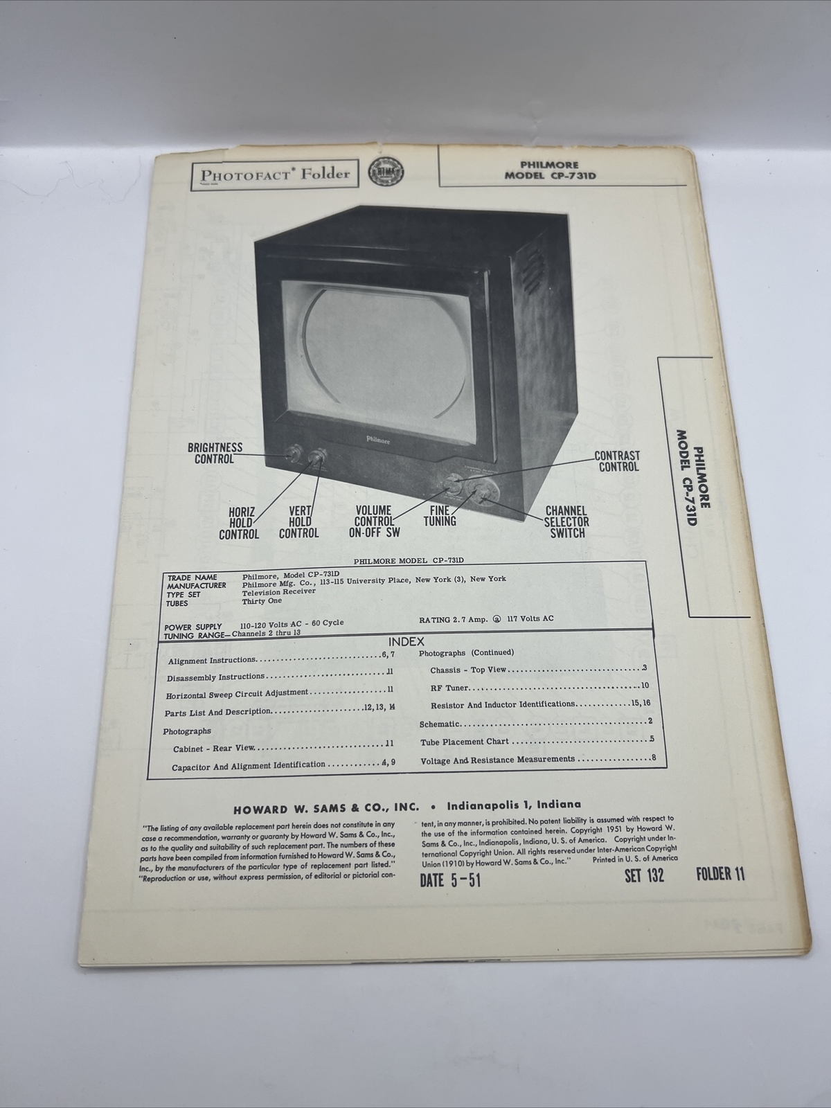 Vintage 1951 SAMS PHOTOFACT Manual Schematic Philmore CO-731D  TV Television