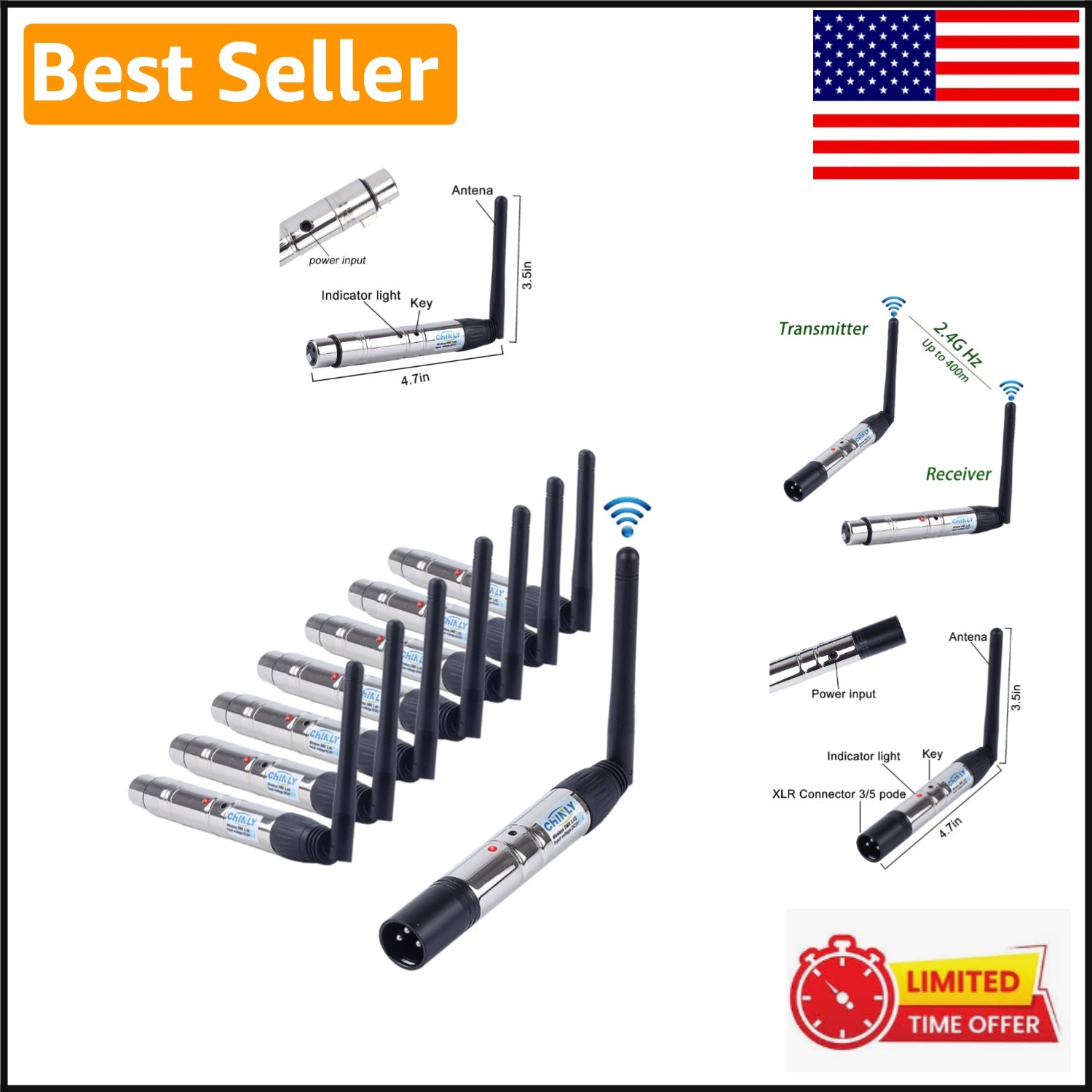 8pcs 2.4G Wireless DMX512 Set: 1 Transmitter & 7 Female Receivers - 126 Channels
