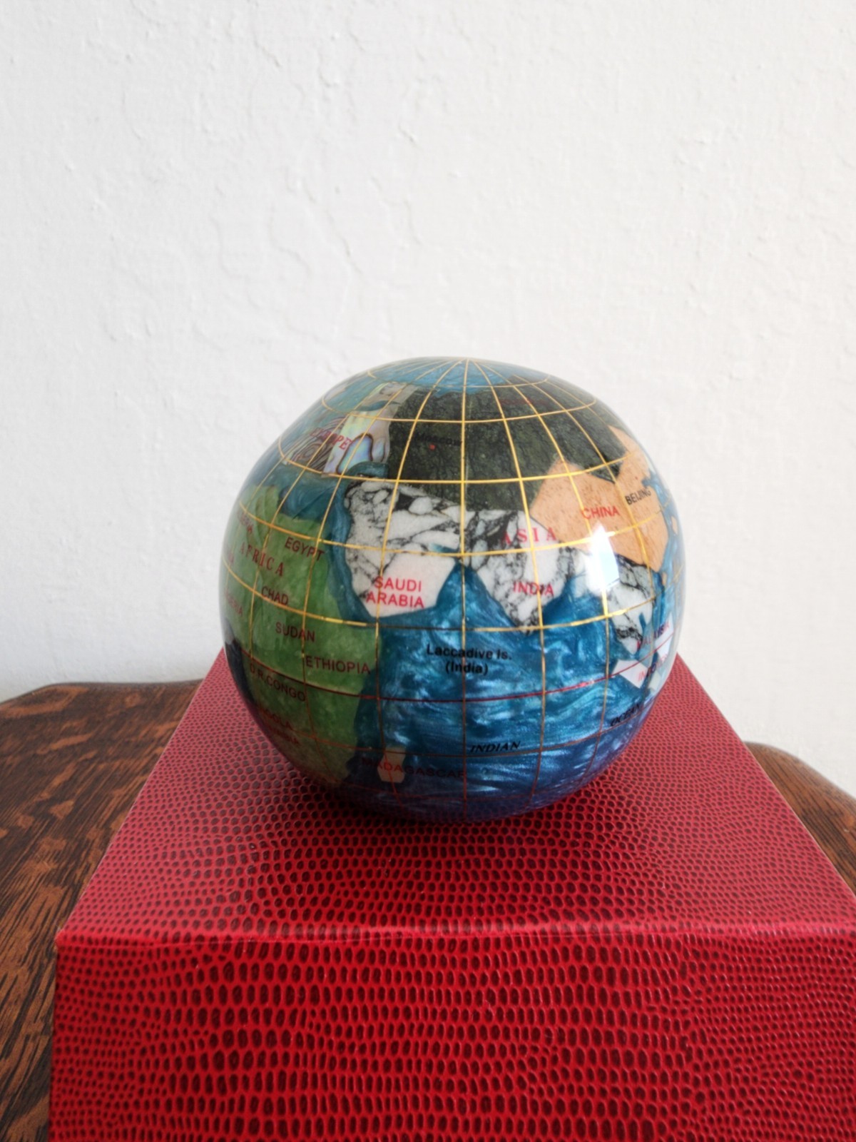 Handcrafted Gemstone Globe Paperweight in Decorative Red Box