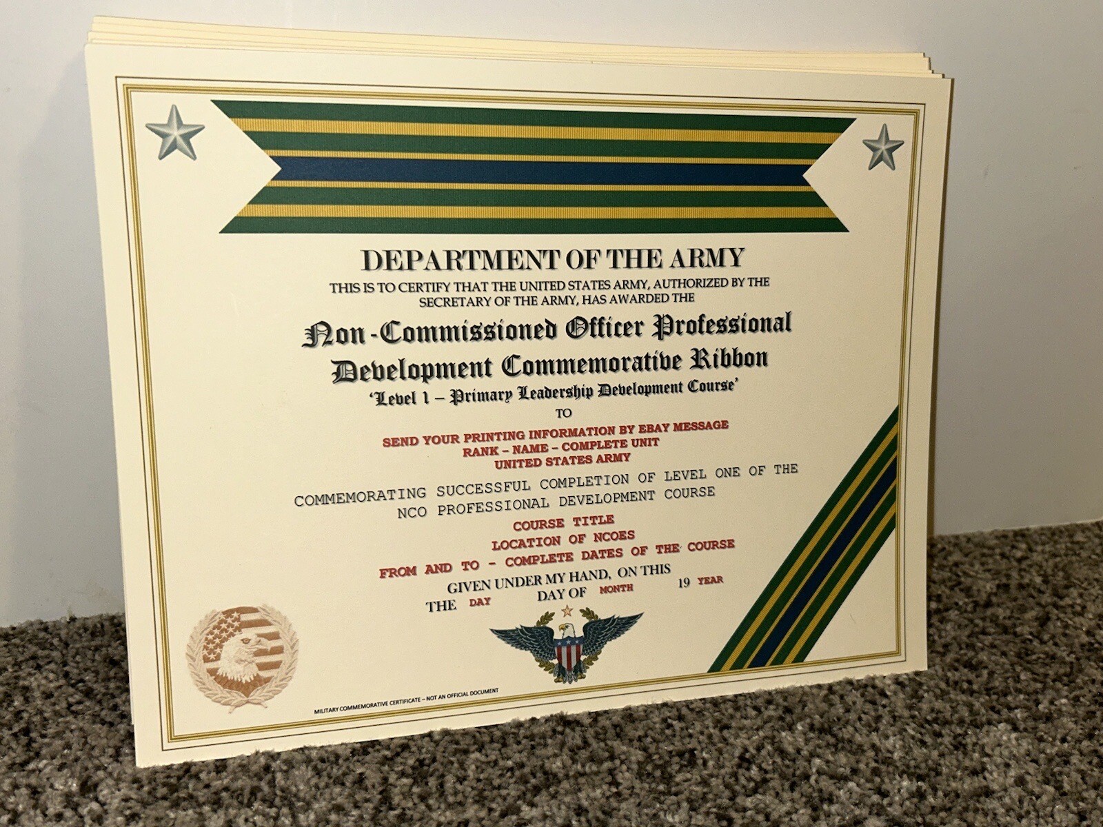 ARMY NCO PROFESSIONAL DEVELOPMENT COMMEMORATIVE CERTIFICATE ~ W/PRINTING TYPE-1