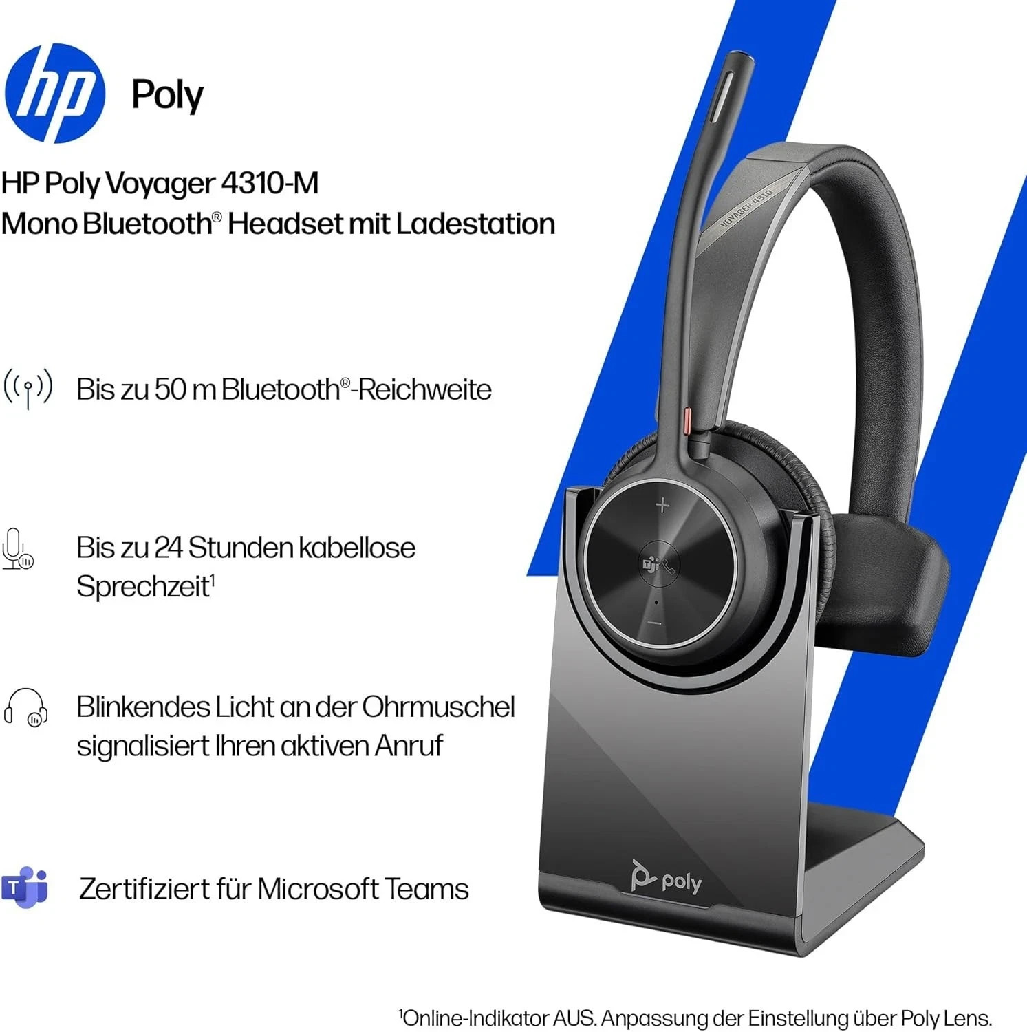 Poly Voyager 4310, Wireless UC Headset and Charging Dock - One Ear Bluetooth