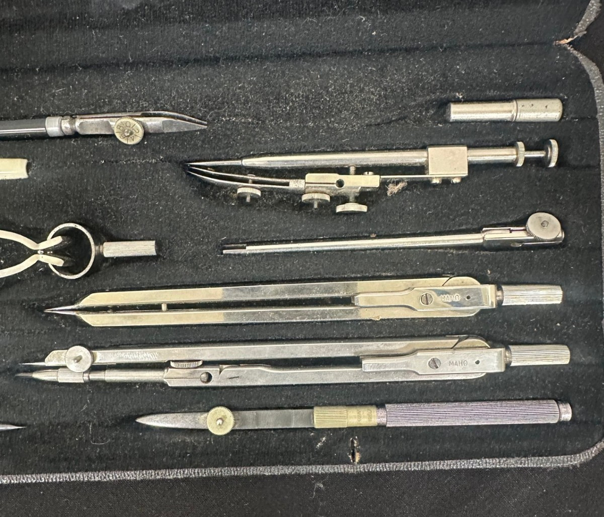 Antique Maho Draughtsman Instrument Set Technical Drawing Engineer Architect