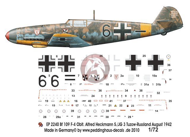 Peddinghaus 1/72 Bf 109 F-4 Markings Alfred Heckmann 5./JG 3 Russia 1942 2240