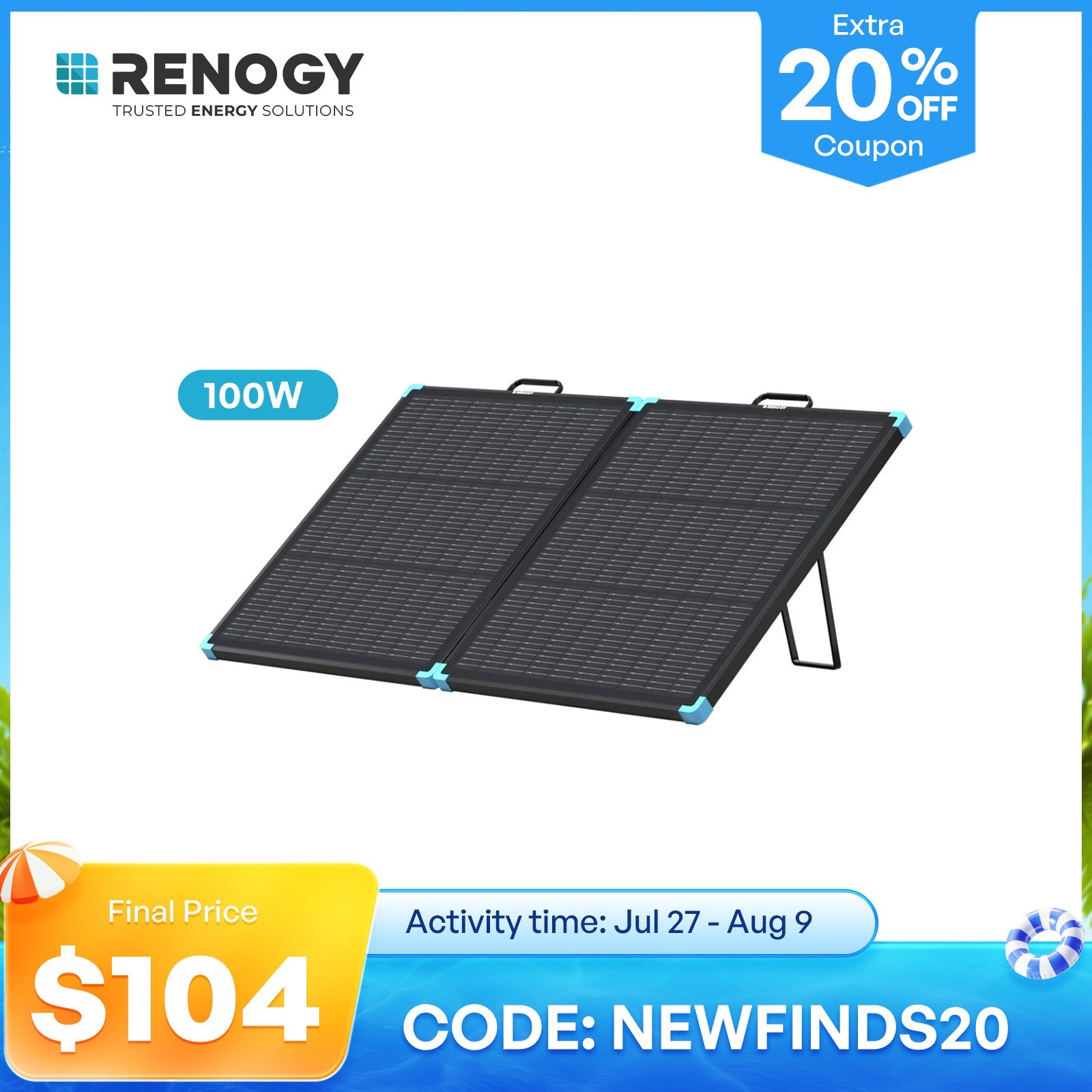 Renogy 100W Lightweight Portable Solar Suitcase Foldable Solar Panel Outdoor