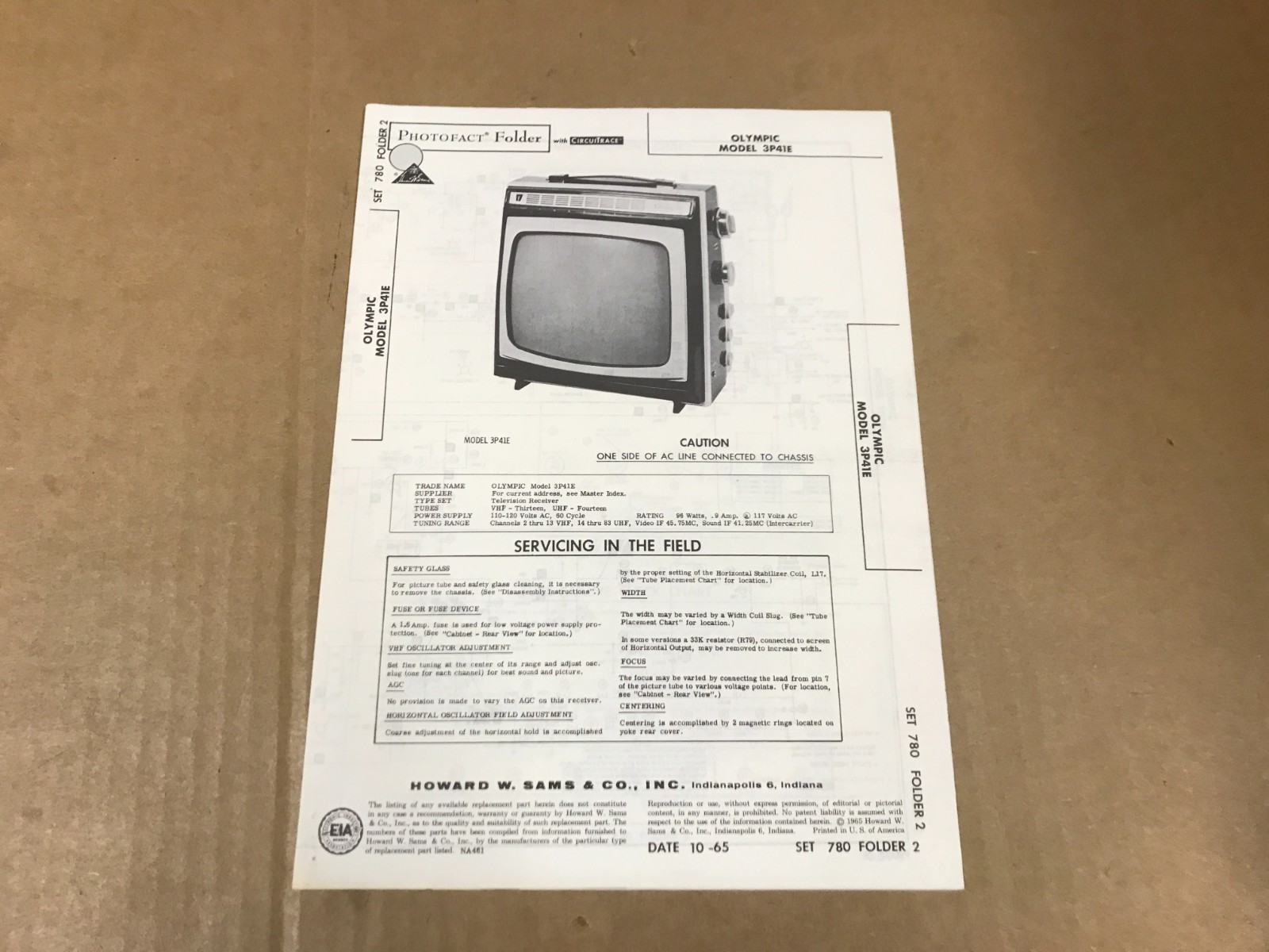 Vintage Photofact Folder - 780-2 - Olympic TV Model 3P41E