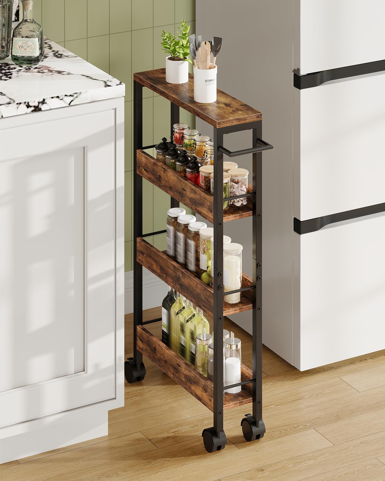 4Tier Slim Storage Cart 5.1 Inch Kitchen Serving Trolley Rustic Brown Black