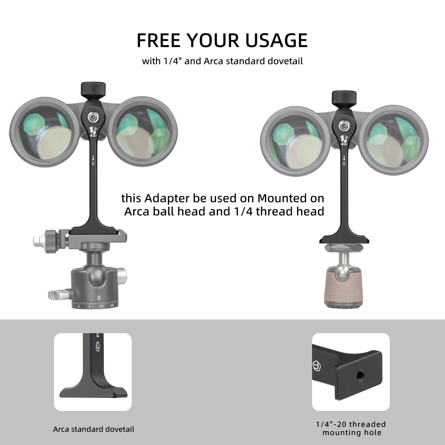 Aluminum Binocular Tripod Adapter with 1/4" Thread