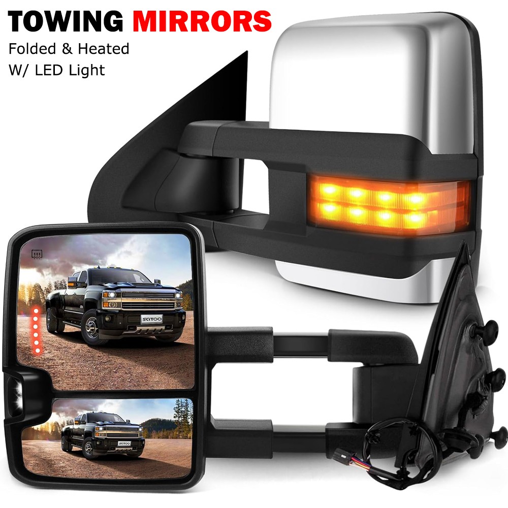 Chrome Tow Mirrors Power Fold Heated For 2014-18 Chevy Silverado GMC Sierra 1500