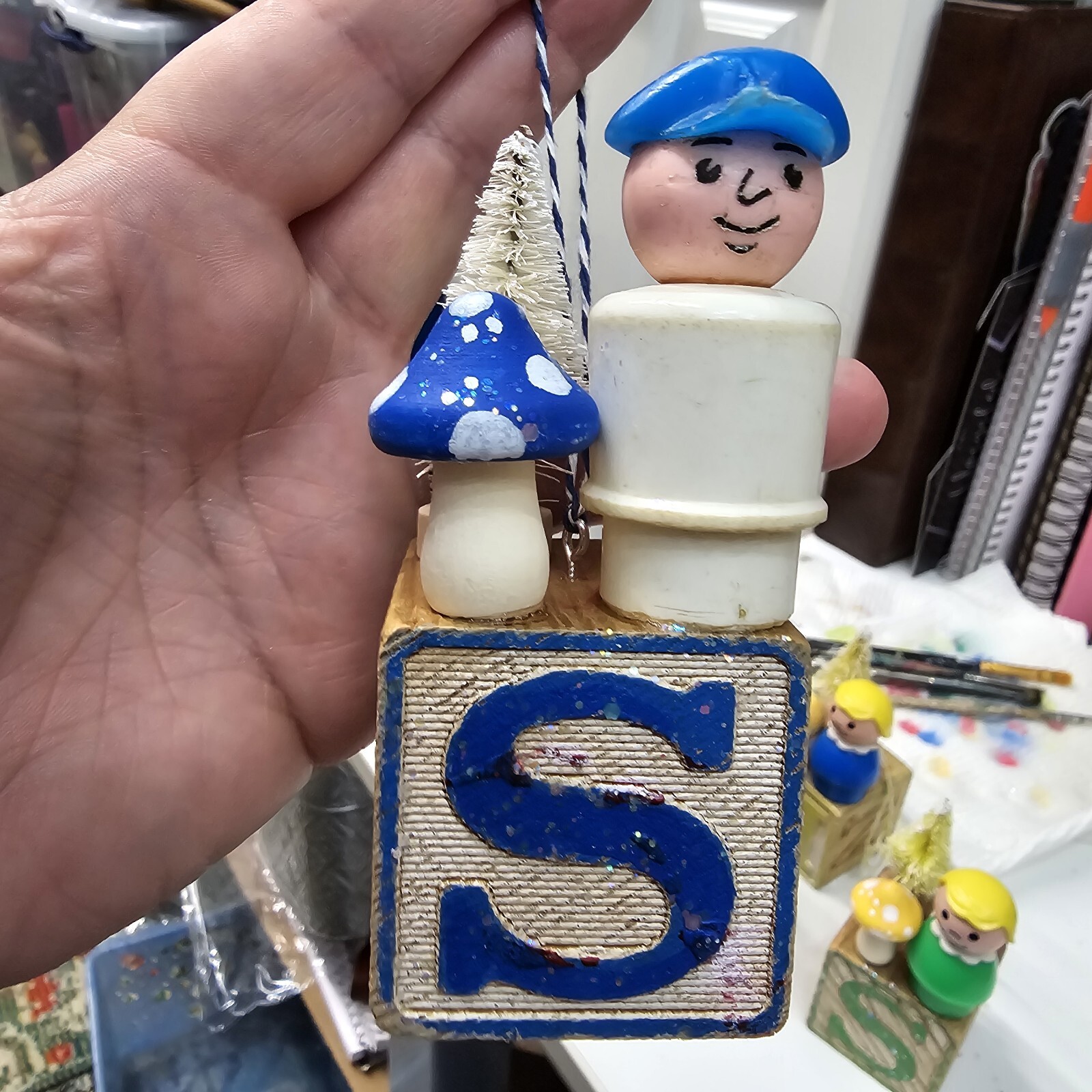 Vintage building block  Fisher Price Little People Christmas Ornament Letter S