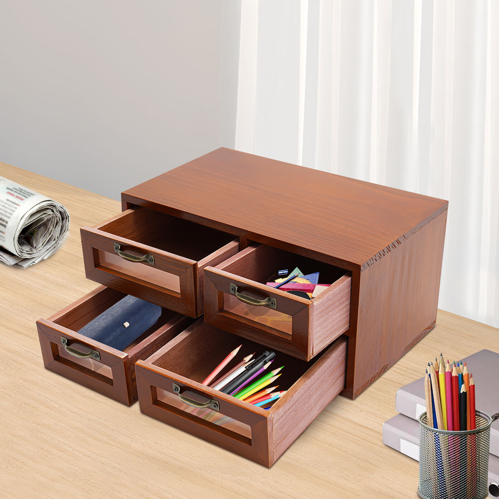 Desk Organizer with Drawers Wooden Desktop Storage Cabinet Storage Box Home
