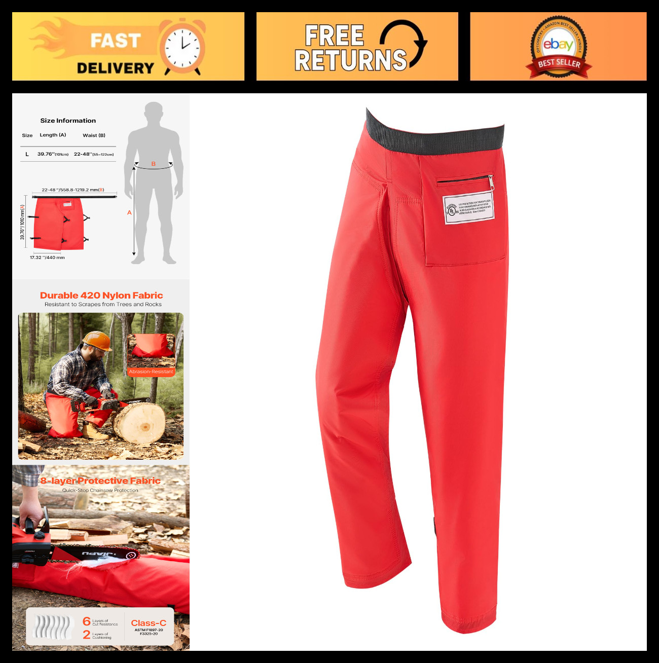Chainsaw Chaps Apron Style, 8-Layer Safety Pants with Adjustable Belt & Pocket,