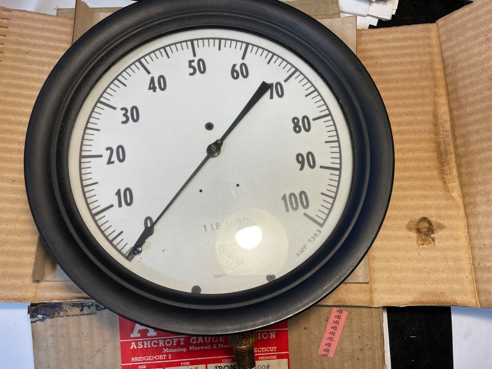 Vintage Ashcroft  Steam  Pressure  Gauge Cast Iron Case 8 1/2"  Diameter NOS