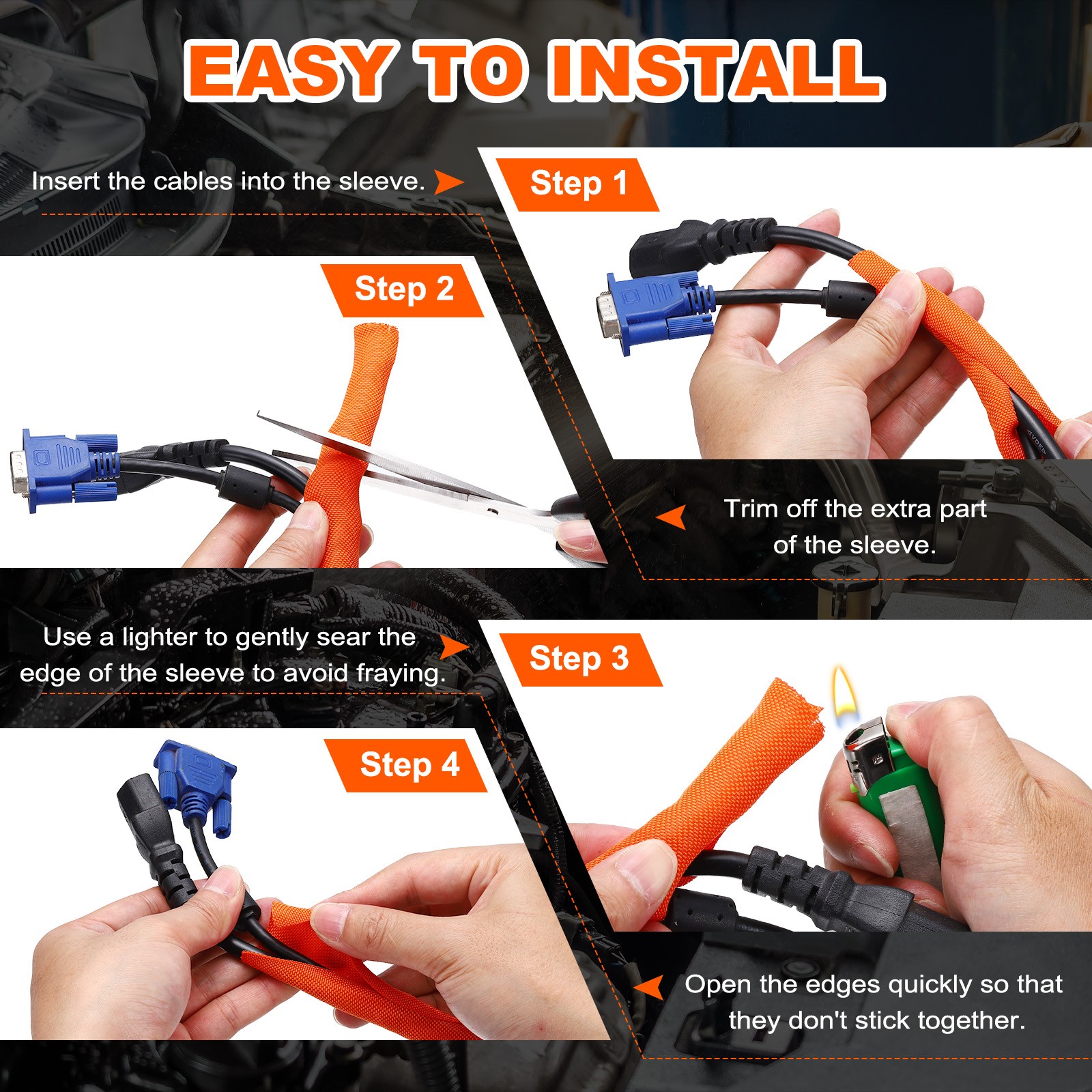 Wire Split Braided Cable Management Sleeve, Orange (3/8" - 39 Feet)