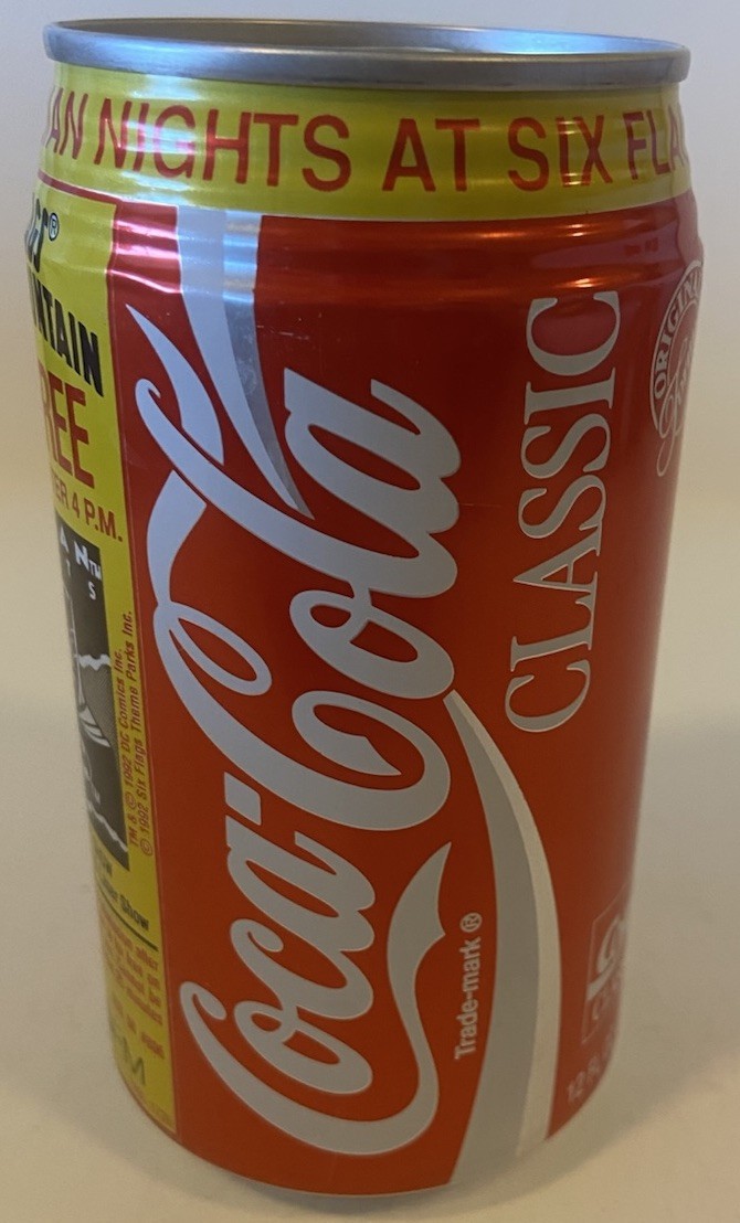 12 oz. COKE CAN ( SIX FLAGS- MAGIC MOUNTAIN, BATMAN ) EMPTY BOTTOM OPENED