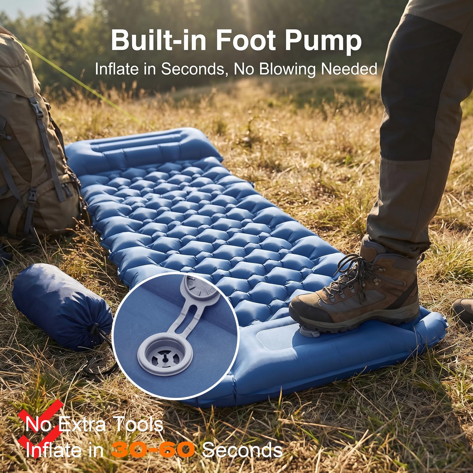 Sleeping Pad R-Value 3.0, 4” Thick Backpacking Sleeping Pad with Built-in Foo...