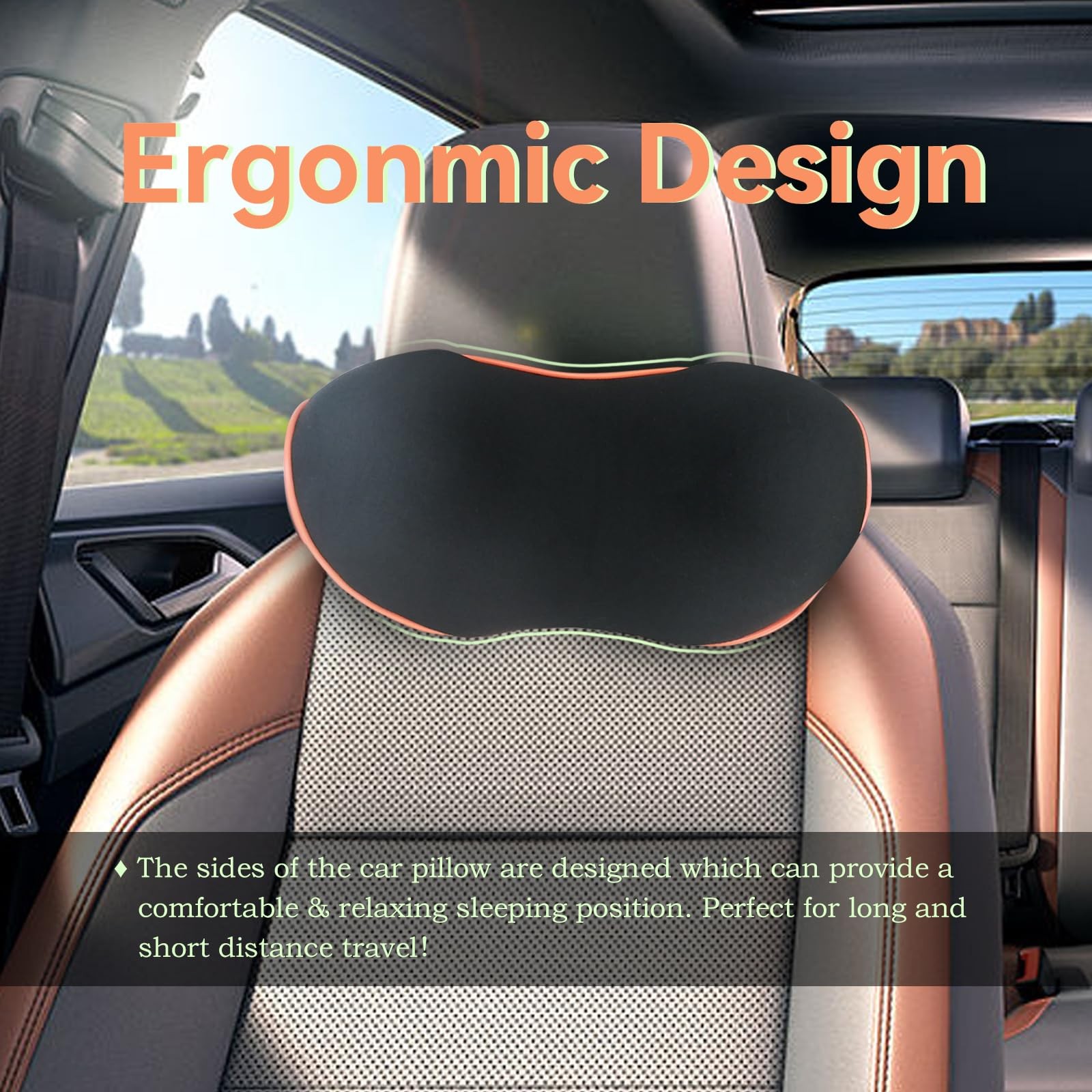 Car Headrest Neck Pillow Memory Foam Adjustable Strap Washable Removable Cover
