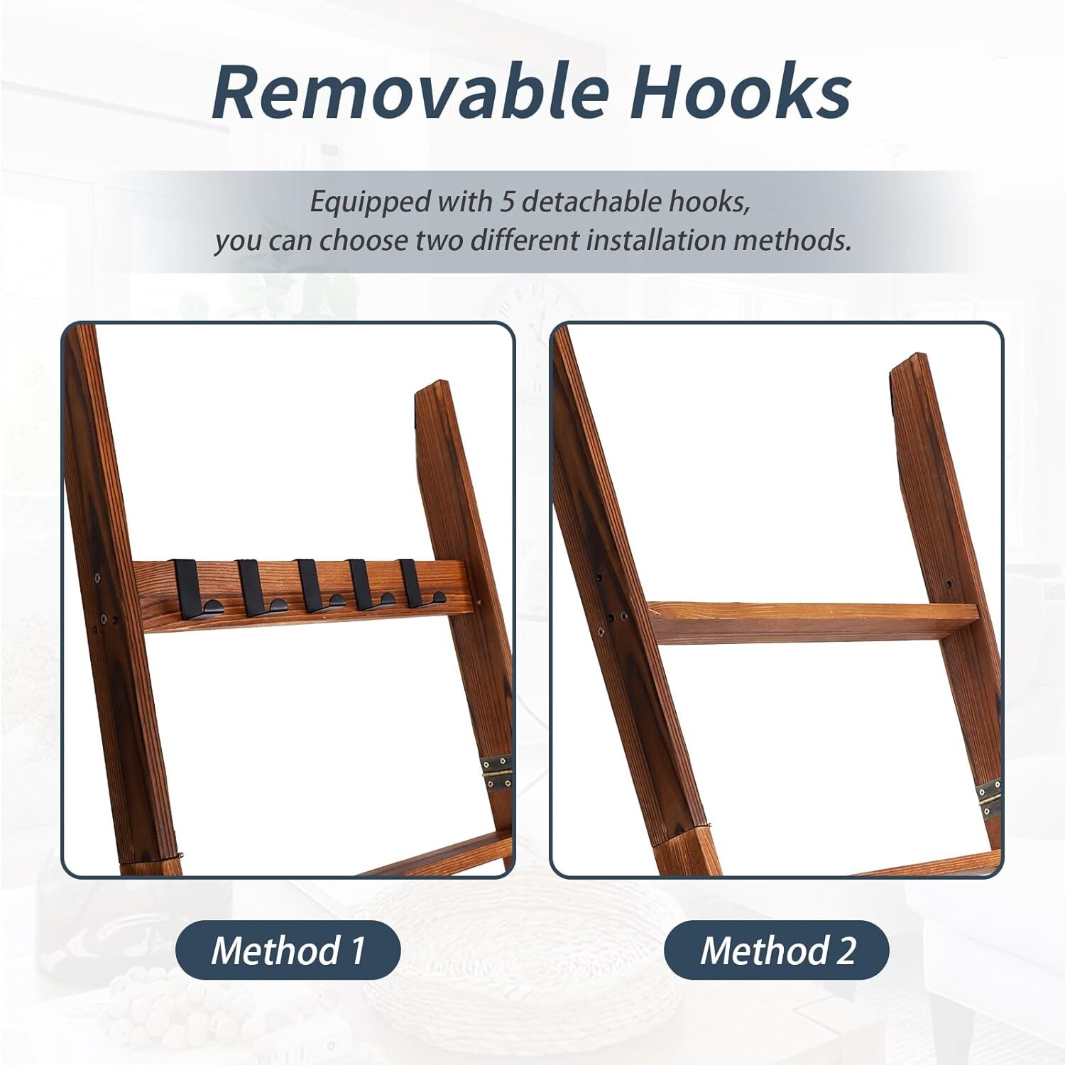 Wooden Blanket Ladder with Removable Hooks, 6-Tier 5.66 Ft (68 Inch) Rustic