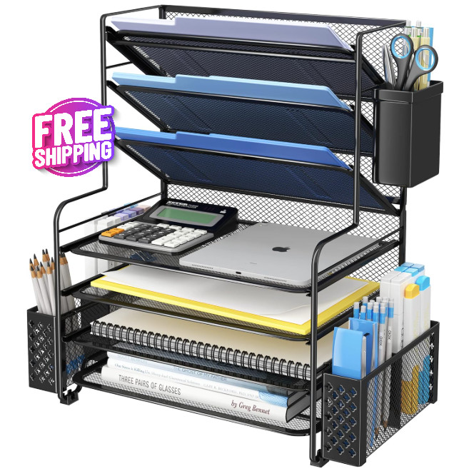 Organizador de archivos de escritorio de 7 niveles con portalápices (Negra) NEW