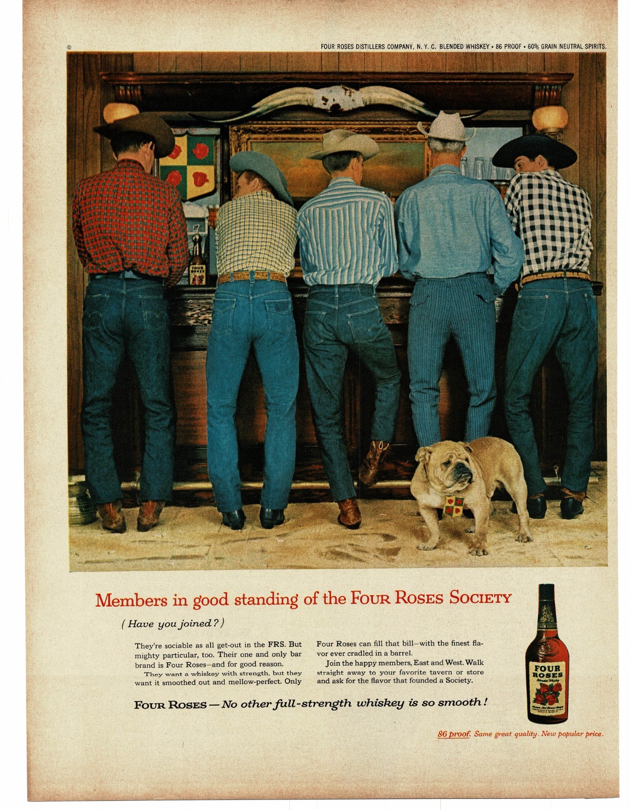 1959 Four Roses Whiskey cowboys at the bar Bulldog Vintage Print Ad