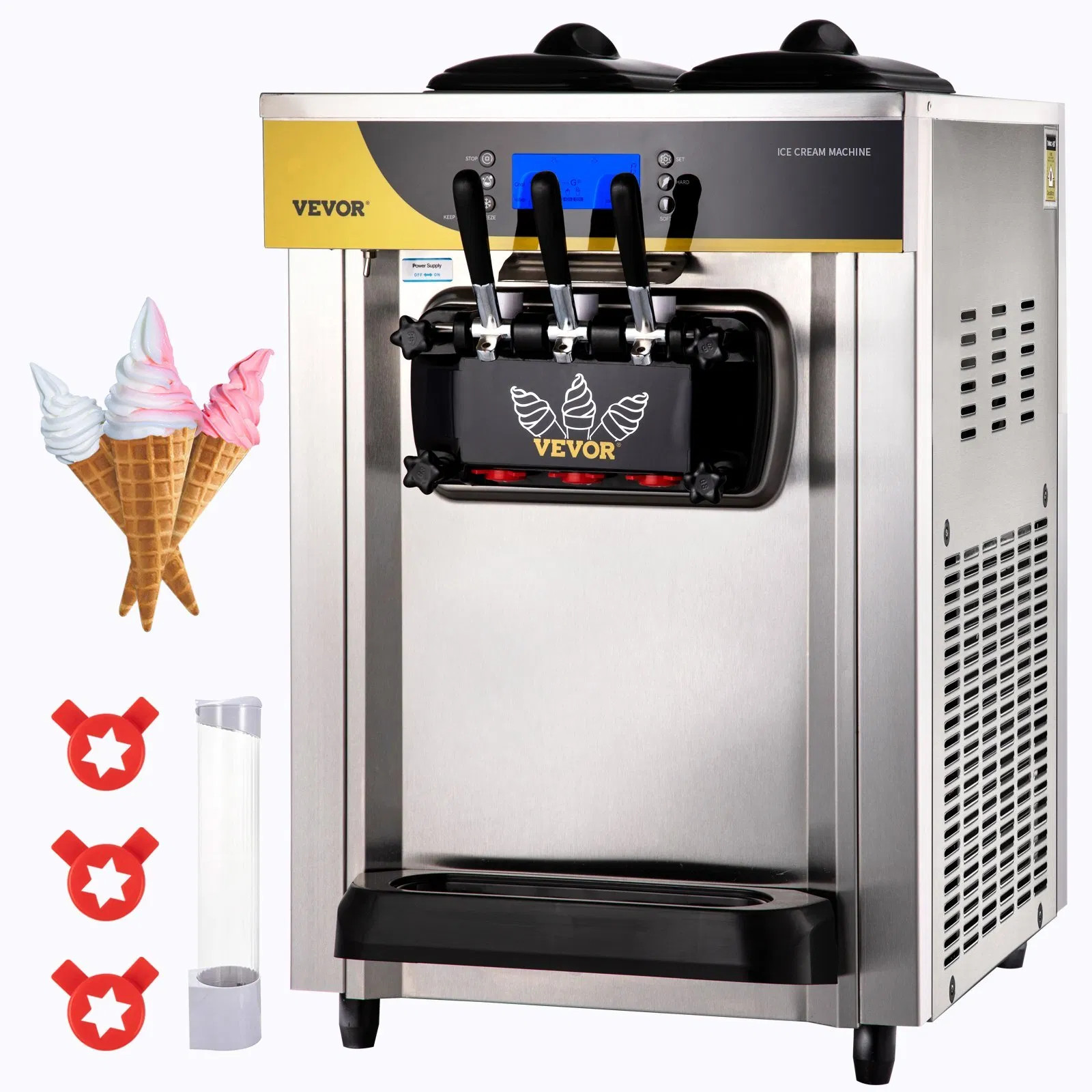 Commercial Ice Cream Maker, 22-30L/H Yield, Countertop Soft Serve Machine with 2