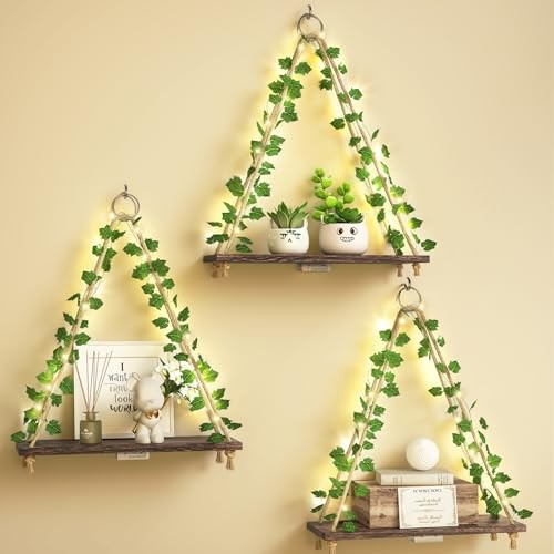 Artificial Ivy LED-Strip Floating Shelves Set of Macrame Hanging 3 Dark Brown