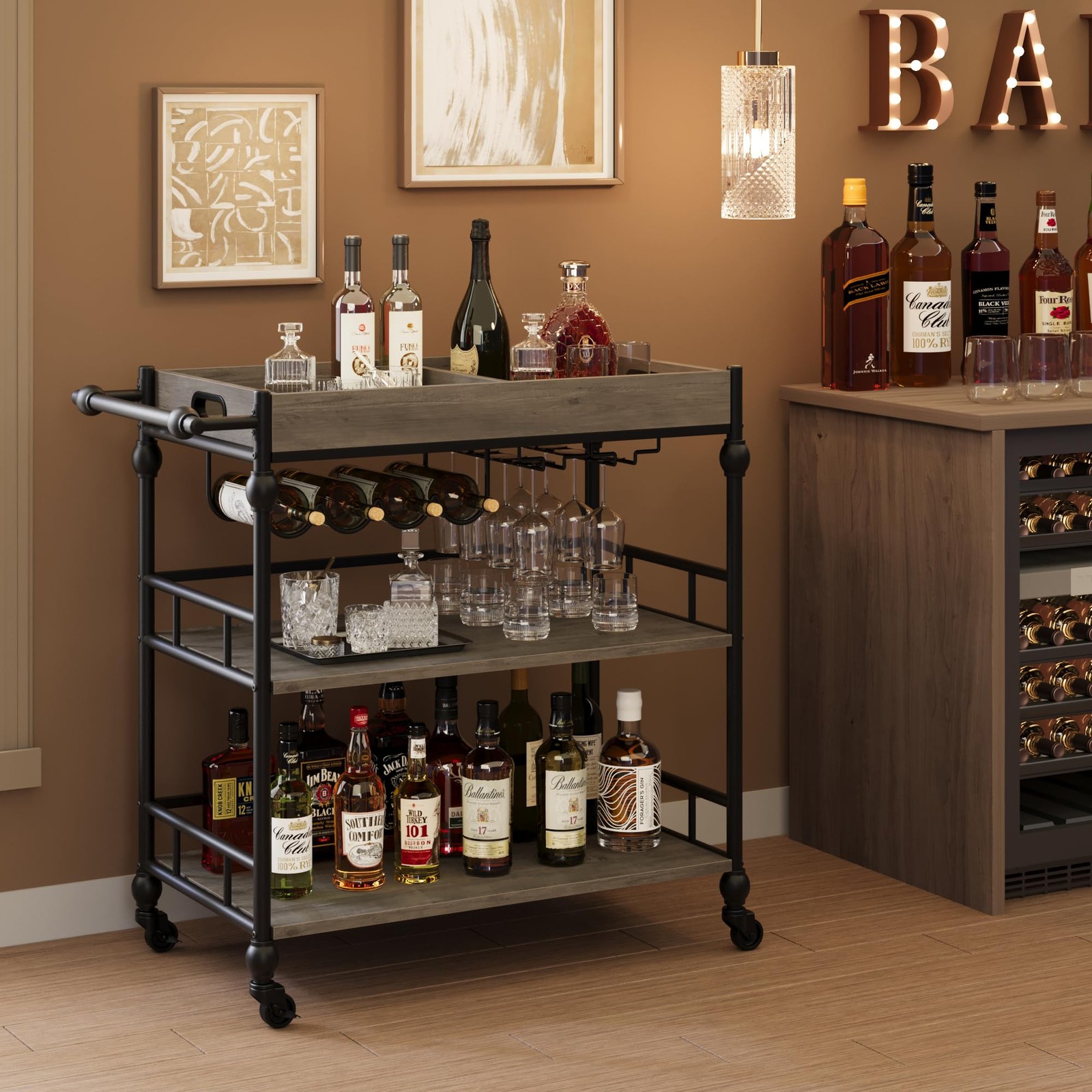 Bar Cart, Bar Carts for The Home, 3 Tier Serving Cart with Wheels, Home Bar &...