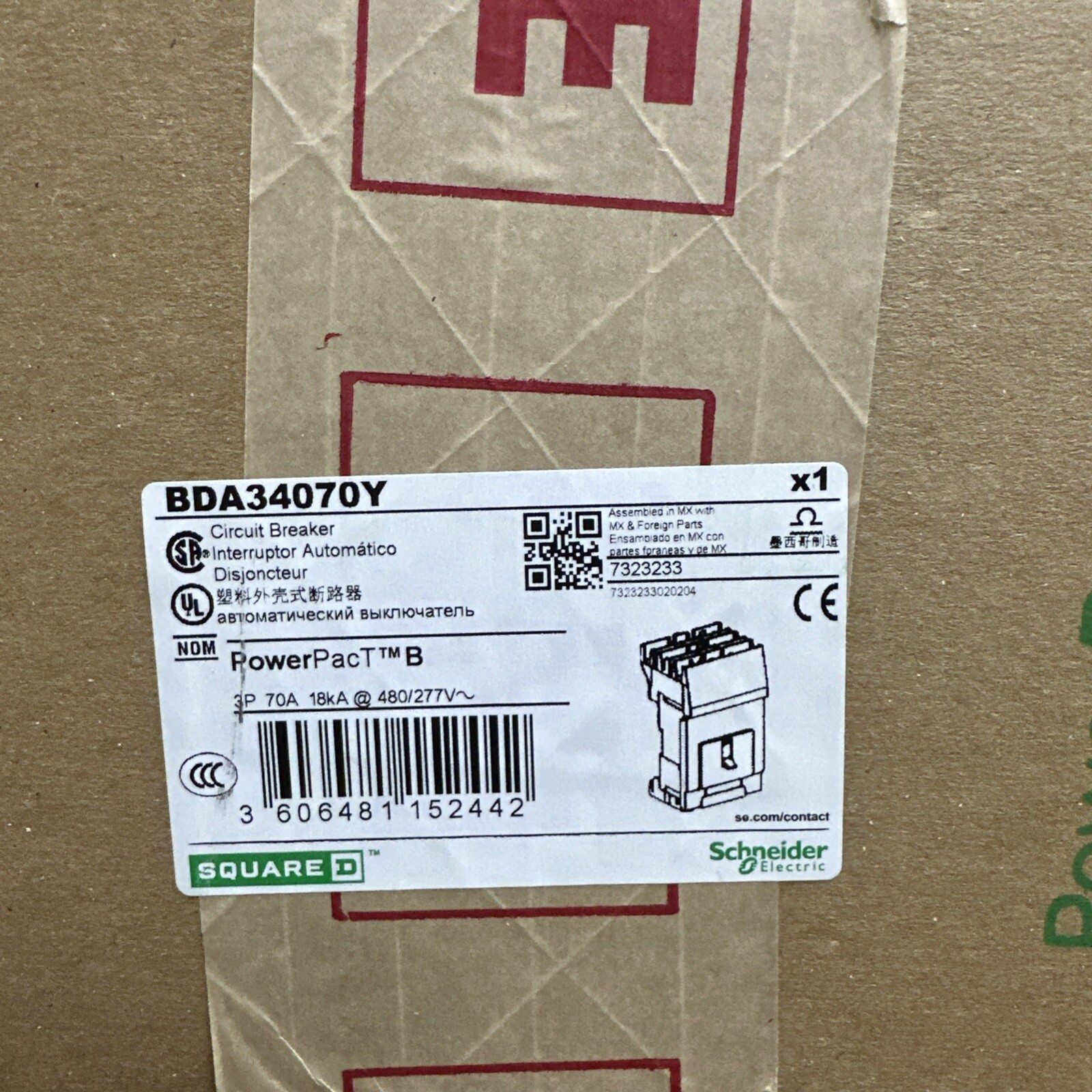 Square D BDA34070Y Breaker 70A 3P 480V New In Box
