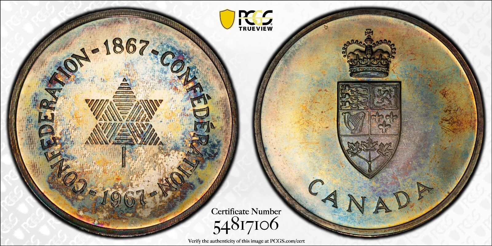 PL66 1967 Canada Silver Centennial Proof Medal, PCGS Trueview- Rainbow Toned