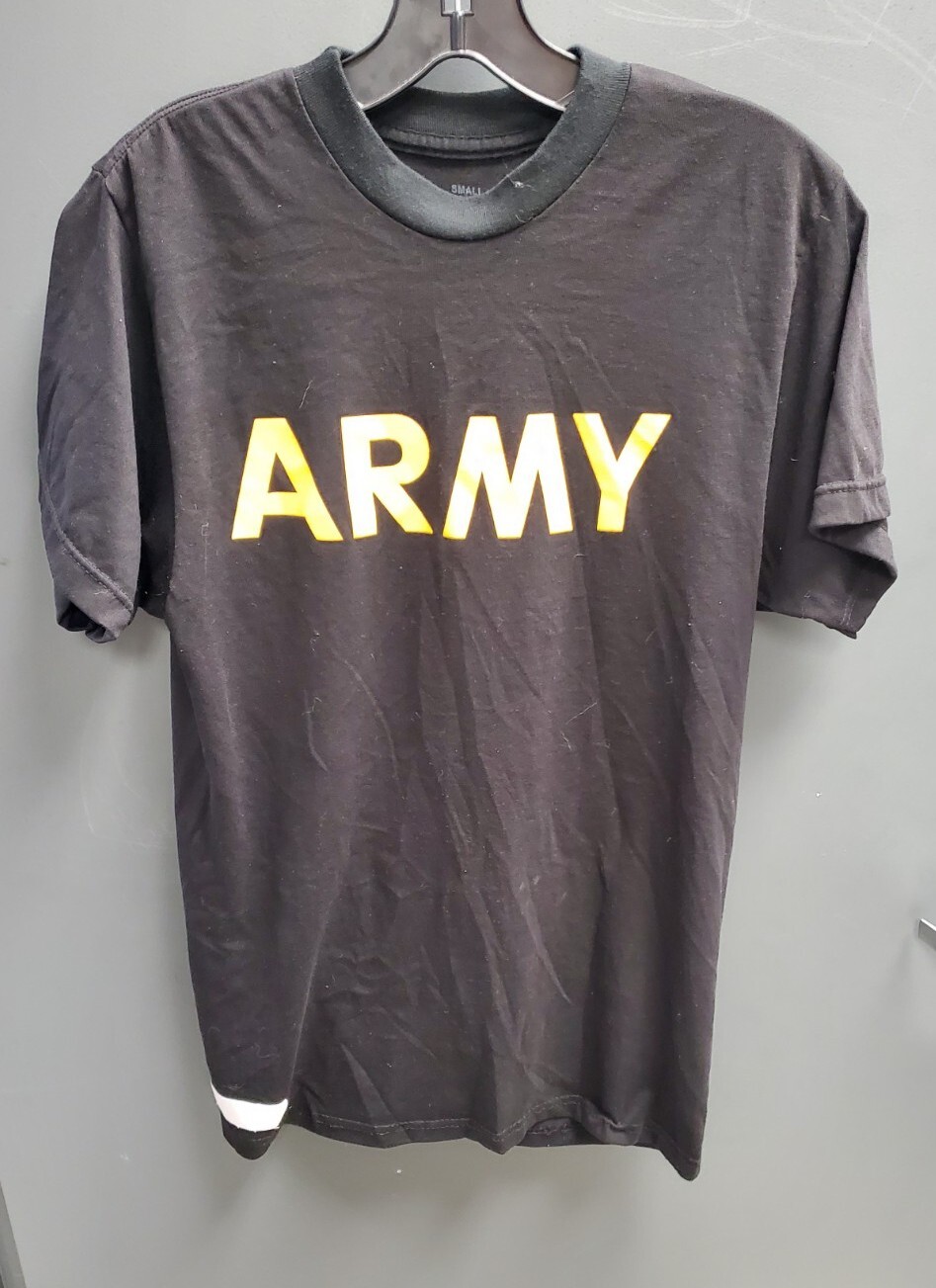 ARMY Physical Fitness T-Shirt Black With Yellow Letters Short Sleeve Sz Small