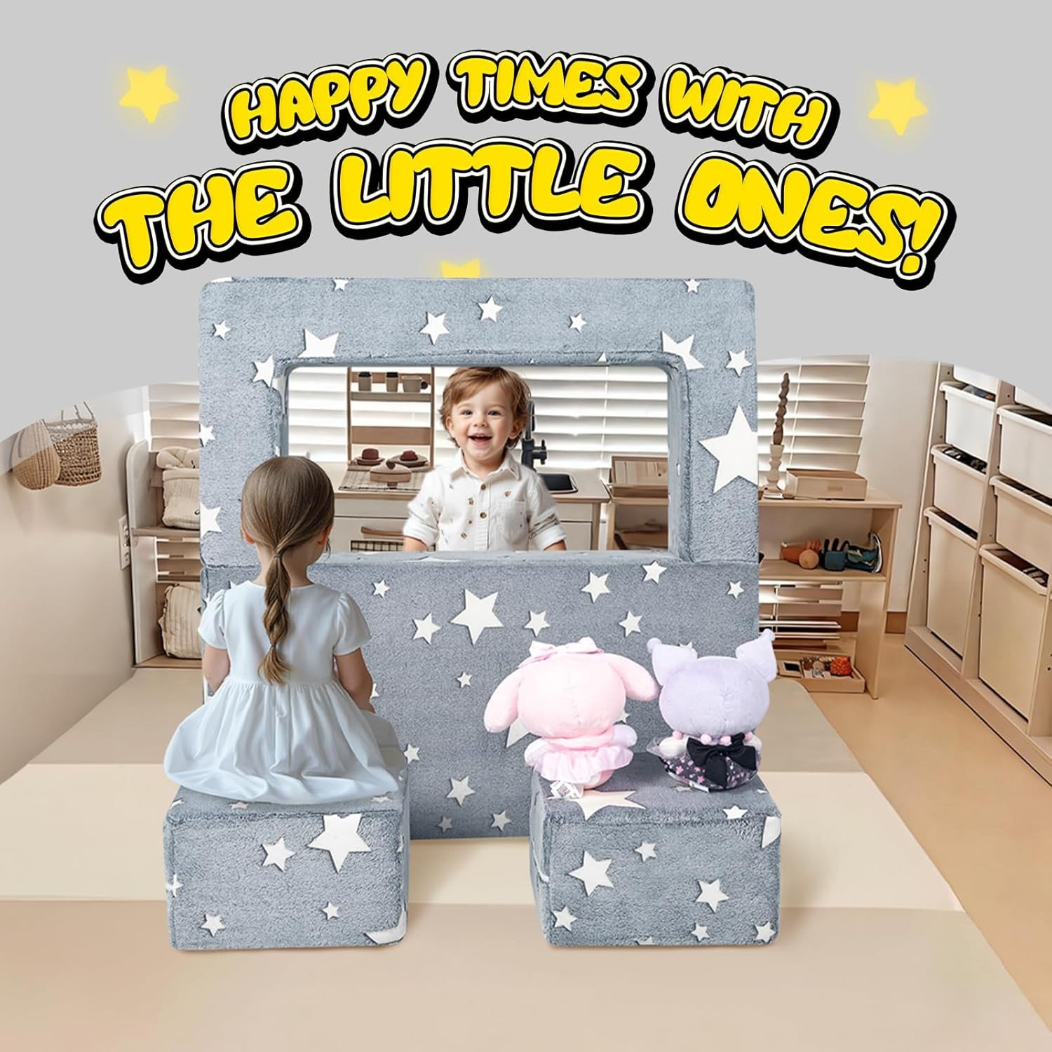 Modular Kids Play Couch Sofa – Glow in the Dark Star Design, Fold-Out Toddler Co