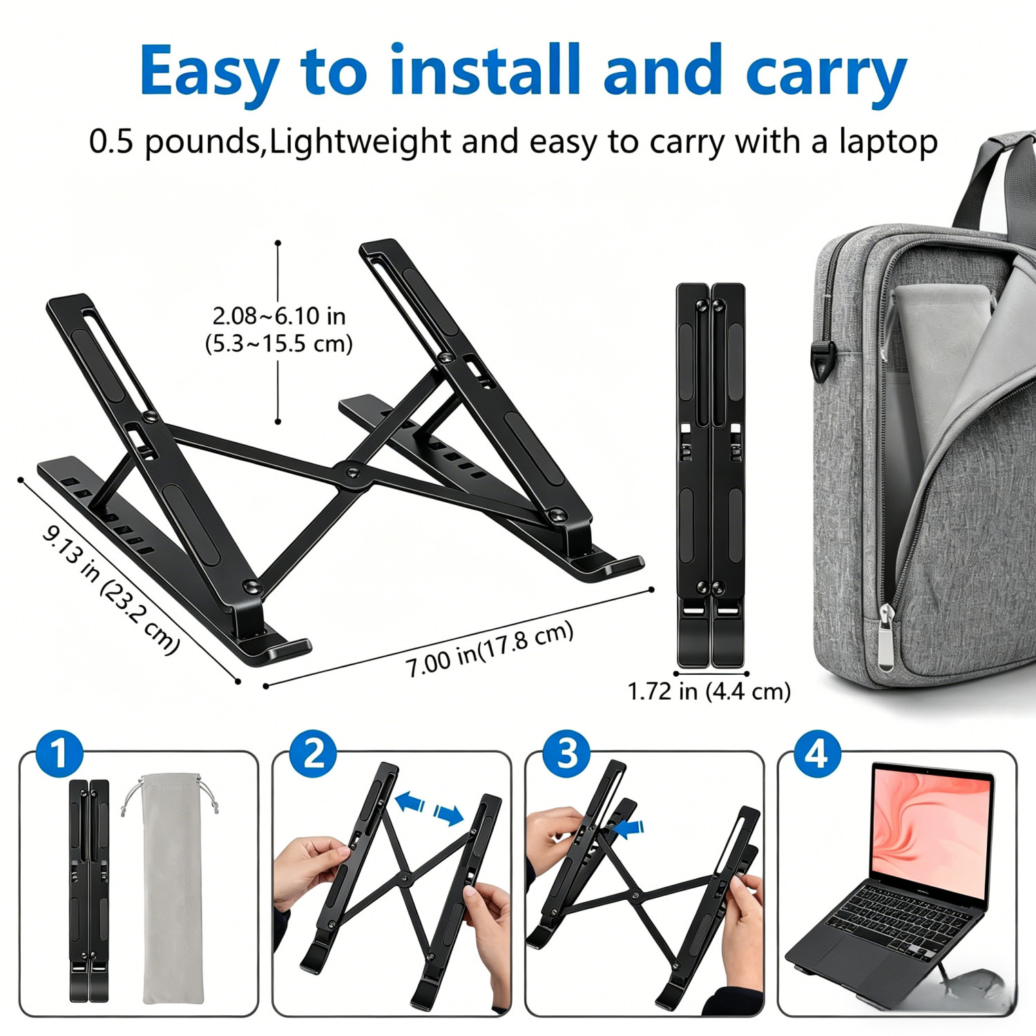 Aluminum Adjustable Laptop Stand - Foldable Portable Desk Riser Notebook Holder
