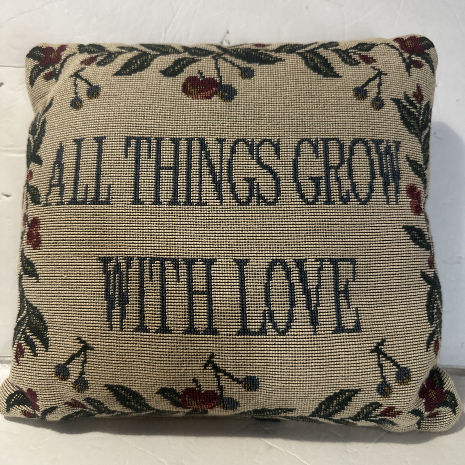 Tapestry Throw Decorative Square Pillow Cushion "All Things Grow With Love" Blue