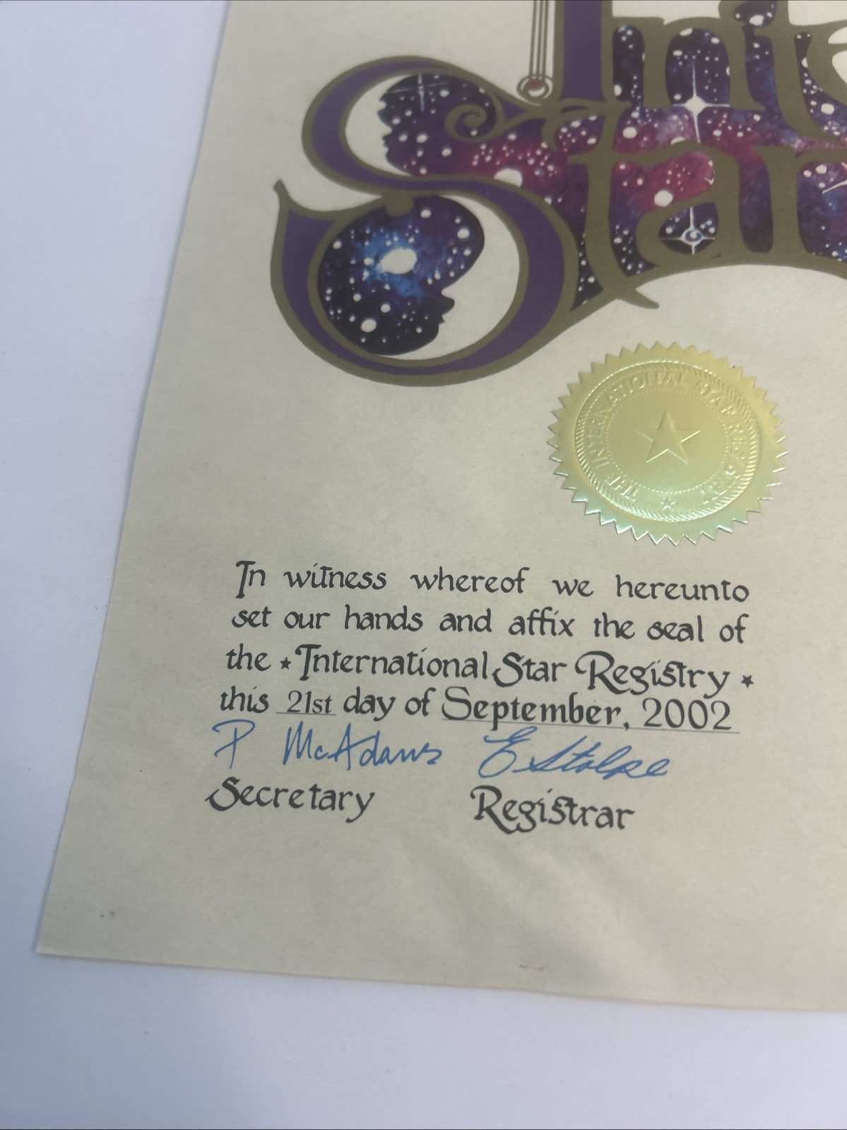 1982 International Star Registry Framed Certificate Cassiopeia Astronomy Space