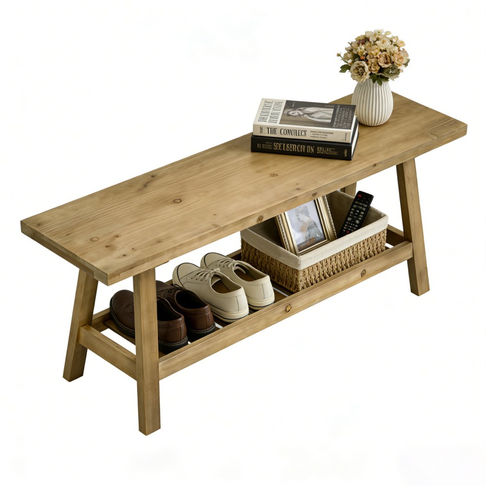 43" Farmhouse Wood Bench 2-Tier Entryway Bench Narrow Rustic Storage Bench 300LB