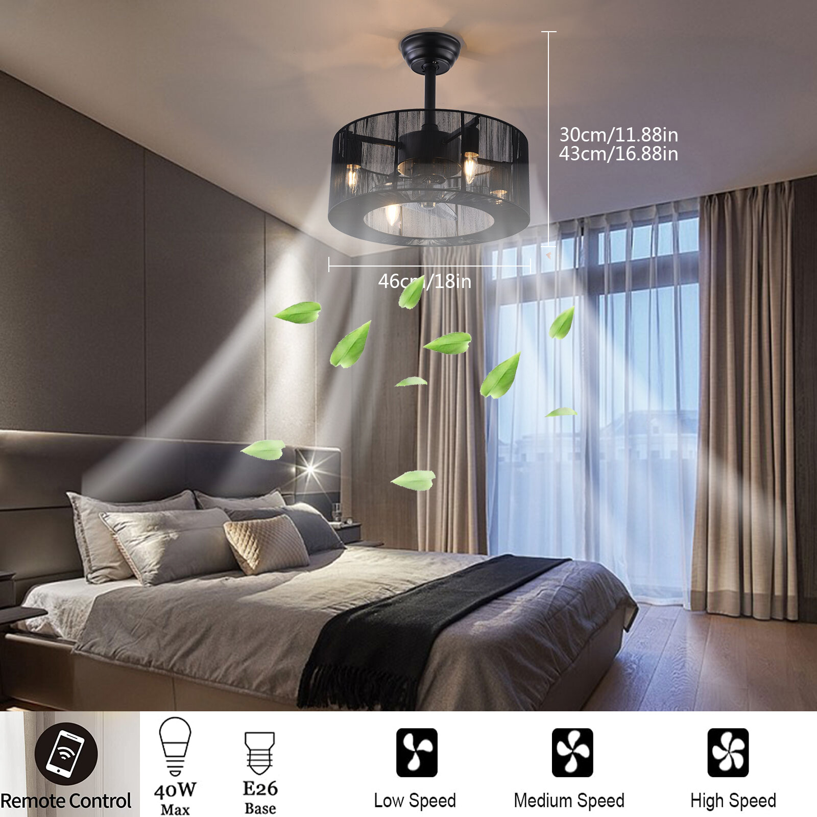 18'' Farmhouse Ceiling Fan with Light &Remote Rustic Metal Cage Chandelier Black