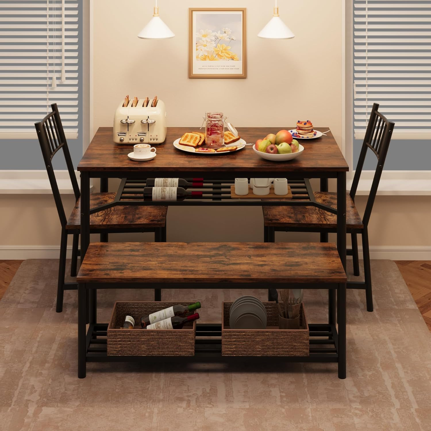 Dining Table Set for 4 with Bench and Chairs, 4-Piece Kitchen Table Set with Sto