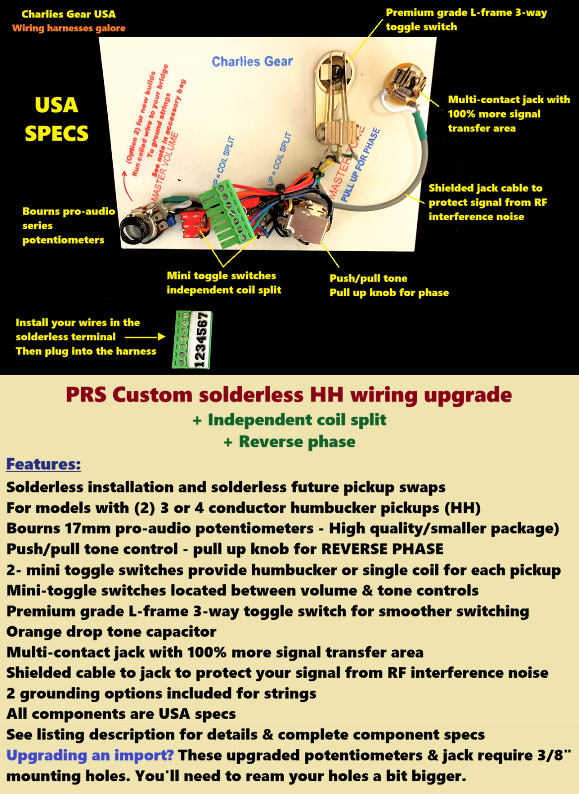PRS CUSTOM Solderless HH Wiring Upgrade + Independent Coil split Toggles + Phase