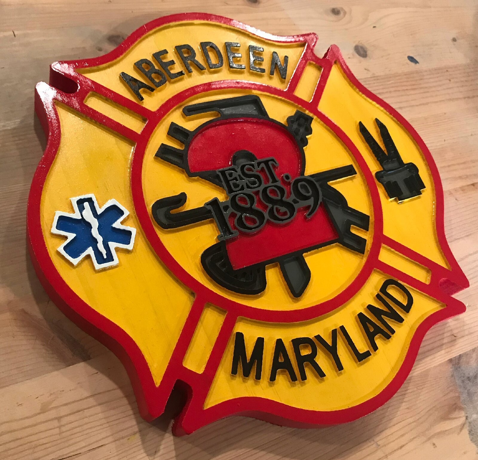 Fire Department Aberdeen Maryland 3D routed wood patch plaque sign Custom Carved