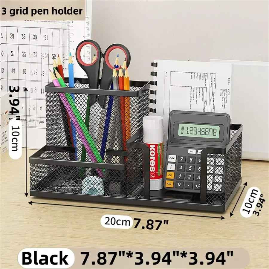 Black Mesh Desk Organizer - 3 Compartments with Pencil Holder & Storage Baskets,