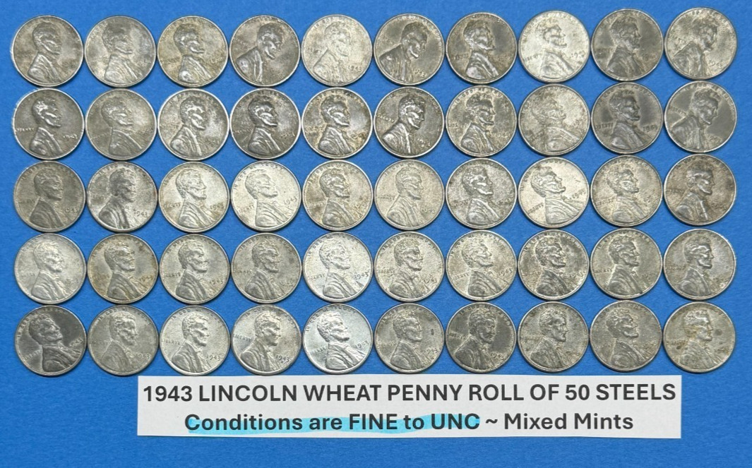 1943 STEEL Wheat Penny Roll Lot of 50 STEEL PENNIES ~ ALL FINE to UNCIRCULATED