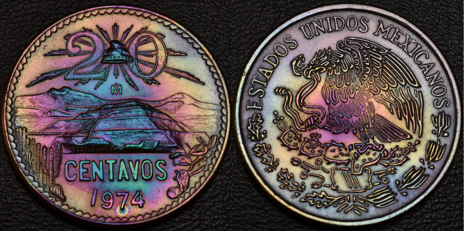 1974 Mexico 20 Centavos GORGEOUS RAINBOW TONING OBV & REV (L48-24)